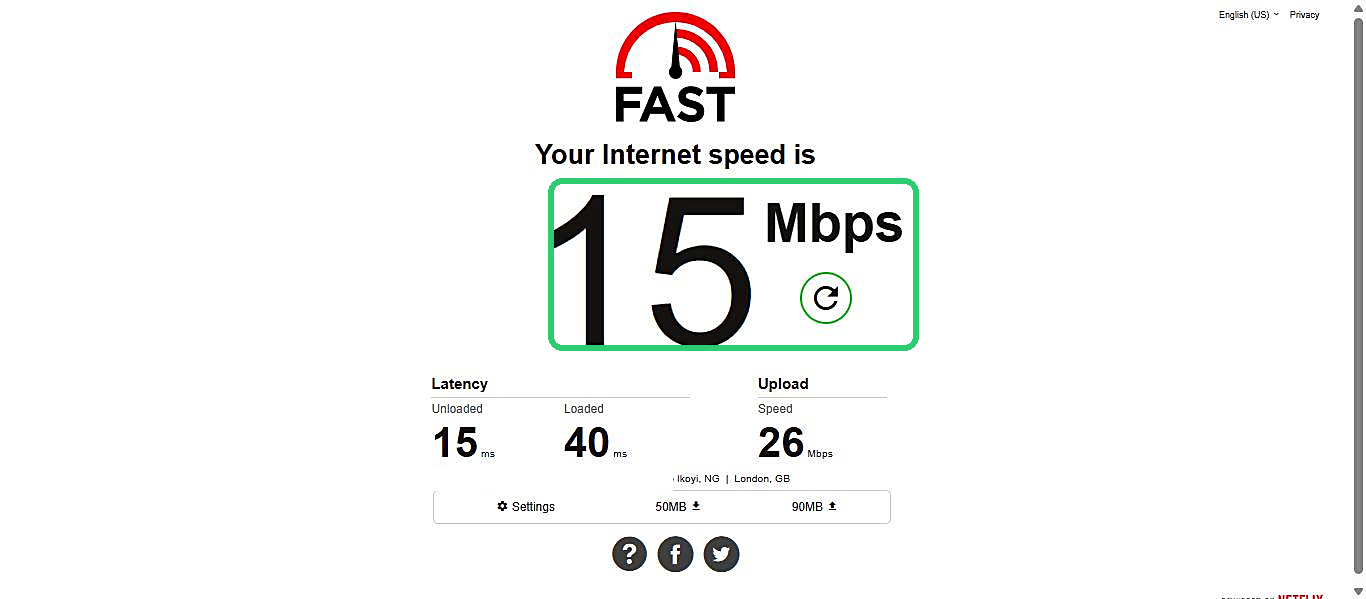 Netflix's fast.com speed test showing download speed, upload speed, and latency results, with the main download number highlighted