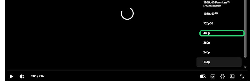 YouTube's video player quality menu showing resolution options from 1080p down to 144p, with 480p highlighted as a manual lower-quality choice